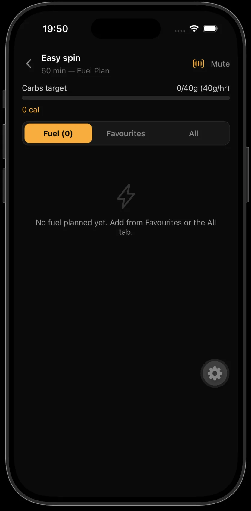 MacroBurn's fuel plan screen for a 60 minute Easy spin, with a Mute button in the header beside the barcode scanner, a carbs target of 0 of 40g at 40g per hour, and Fuel, Favourites and All tabs above an empty fuel list