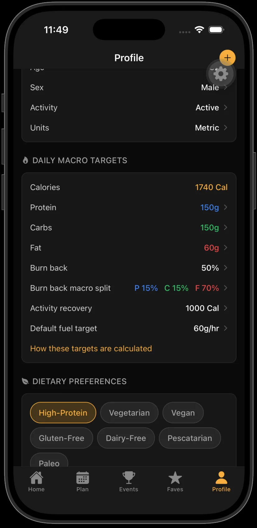 MacroBurn's Profile screen scrolled to Daily Macro Targets, showing Calories 1740, Protein 150g, Carbs 150g, Fat 60g, Burn back 50%, Burn back macro split P 15% C 15% F 70%, Activity recovery 1000 Cal and Default fuel target 60g/hr, with Dietary Preferences visible below